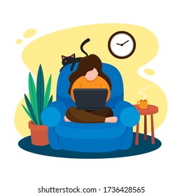 Woman sitting on an armchair and working with her laptop at home while a cute black cat sleeping behind in morning time. Work from home in quarantine. Minimal vector concept lifestyle illustration.