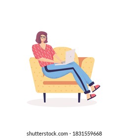 Woman sitting on armchair and working on the laptop, freelancer home workplace. Daily life of freelance worker, everyday routine. Flat cartoon vector illustration