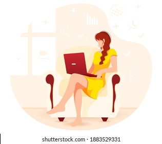 Woman sitting on the armchair and working on laptop. Home office, freelance, studying concept. Isolated vector illustration for flyer, poster, banner.