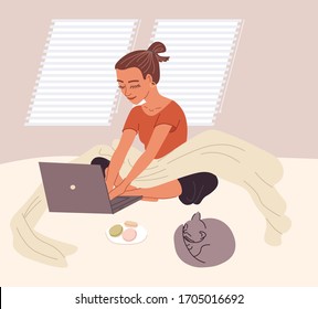Woman sitting on the bad or on the floor with laptop. Remote work. Girl working from home vector illustration. Lady surfing the net. Freelancer at home. Stay at home concept.
