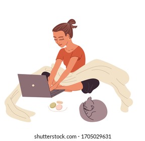 Woman sitting on the bad or on the floor with laptop. Remote work. Girl working from home vector illustration. Lady surfing the net isolated. Freelancer at home. Stay at home concept.