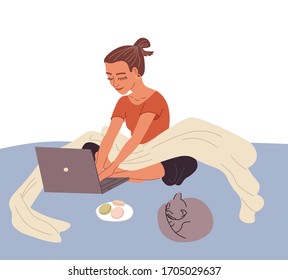 Woman sitting on the bad or on the floor with laptop. Remote work. Girl working from home vector illustration. Lady surfing the net. Freelancer at home. Stay at home concept.
