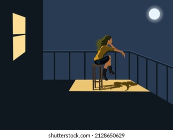 woman sitting on the balcony looking at the moon There was a light shining from the rear window.