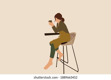 Woman sitting on the bar chair and drink a coffee. Vector illustration in pastel tones