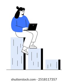 Woman sitting on bar chart steps while using a laptop, symbolizing growth, technology, and progress. Ideal for business, productivity, achievement, data analysis, and education. Simplistic, modern vec