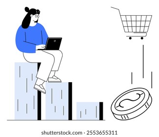 Woman sitting on bar graph while using laptop. Shopping cart and coin elements in the background. Ideal for business, e-commerce, technology, online shopping and financial themes. Minimalist modern