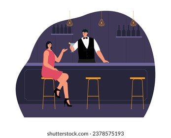 Woman sitting on bar stool gracefully, ordering cocktail to bartender in nightclub, nightlife vector illustration.