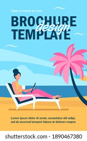 Woman sitting on beach chair by sea. Drinking coffee, using tablet, tropical resort flat vector illustration. Freelance, vacation, communication concept for banner, website design or landing web page