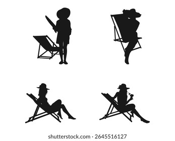 woman sitting on a beach chair. Time for relaxation. A set of silhouettes of a resting woman. Silhouette of people relaxing and resting on a chair, hammock, reading, and sleeping.