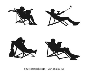 woman sitting on a beach chair. Time for relaxation. A set of silhouettes of a resting woman. Silhouette of people relaxing and resting on a chair, hammock, reading, and sleeping.