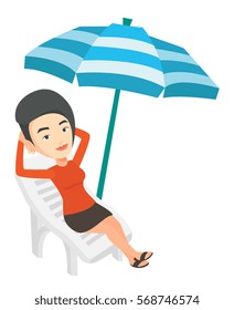 Woman sitting on a beach chair. Woman resting on holiday while sitting under umbrella on a beach chair. Woman relaxing in a beach chair. Vector flat design illustration isolated on white background.