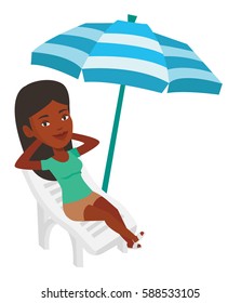 Woman sitting on a beach chair. Woman resting on holiday while sitting under umbrella on a beach chair. Woman relaxing in a beach chair. Vector flat design illustration isolated on white background.