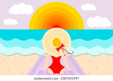 Woman sitting on the beach face to the sun, sky, and sea vector flat design.