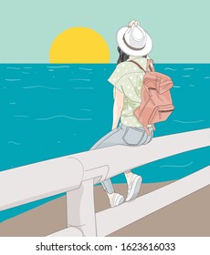 Woman sitting on the beach, looking at the sun.Doodle art concept,illustration painting