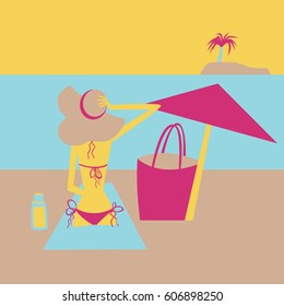 Woman sitting on the beach. Vector illustration. Palm, sea view, beach umbrella.