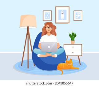 Woman is sitting on a bean bag chair at home at a laptop computer. Remote work, office at home, programming, freelance. Study at home in quarantine. Vector illustration. Cozy interior with a cat.