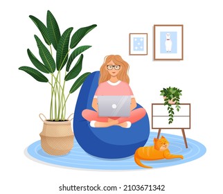 Woman is sitting on a bean bag chair at home at a laptop computer. Remote work, office at home, programming, freelance. Study at home in quarantine. Vector illustration. Cozy interior with a cat