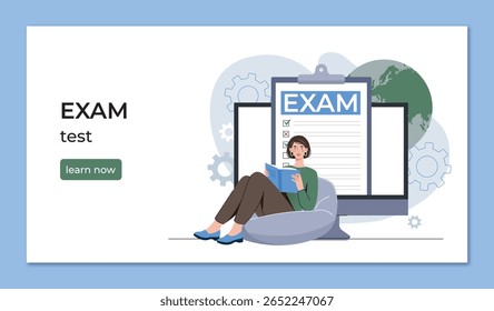 Woman sitting on bean bag reading a book with clipboard marked EXAM on computer screen, flat style, on white background. Concept of online education. Vector illustration