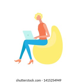 Woman sitting on bean chair and working on laptop isolated vector illustration. Businesswoman with notebook, freelance worker, cartoon character in flat style