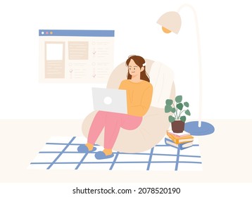 A woman is sitting on a beanbag and working on a computer in a comfortable position. flat design style vector illustration.