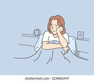 Woman sitting on bed in the bedroom with thinking or depressed feeling, Healthy and medical concept, Vector illutration