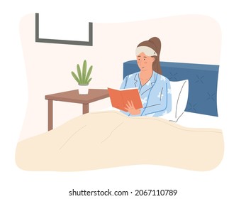 Woman sitting on the bed and reading a book illustration