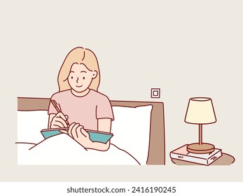  mujer sentada en la cama y escribiendo un diario. Ilustraciones de diseño vectorial de estilo dibujado a mano.