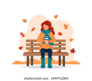 Woman sitting on bench in autumn with coffee. Vector illustration in flat style