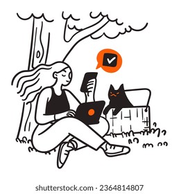 a woman sitting on a bench with a cat and a laptop