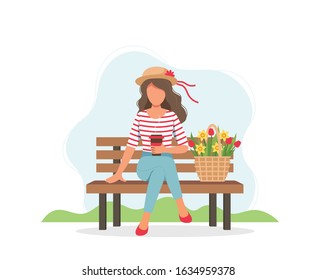 Woman sitting on the bench with coffee and spring flowers in basket. Cute vector illustration in flat style