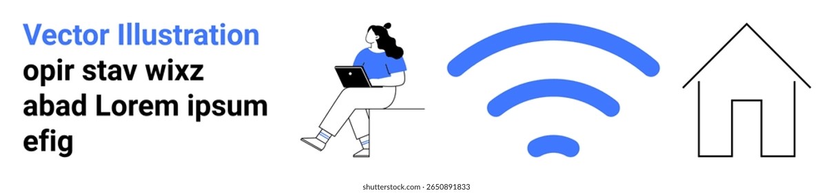 Mulher sentada no banco com laptop ao lado símbolo sem fio e contorno da casa. Ideal para trabalho remoto, nômades digitais, conectividade, escritório doméstico, Internet, tecnologia e estilo de vida moderno. Página inicial