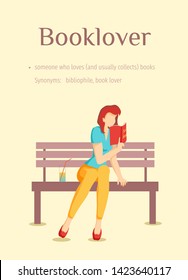 Woman sitting on the bench and reading book. Card design for book lovers, bibliophiles. Vector illustration can be used for poster, banner, card, cover, postcard.