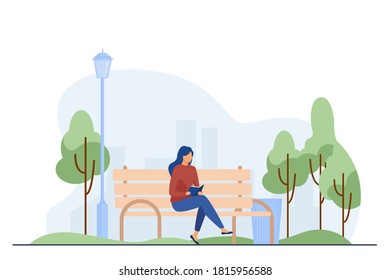 Woman sitting on bench and reading book. Park, city, relaxation flat vector illustration. Weekend and nature concept for banner, website design or landing web page