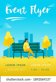 Woman sitting on bench and reading book. Park, city, relaxation flat vector illustration. Weekend and nature concept for banner, website design or landing web page