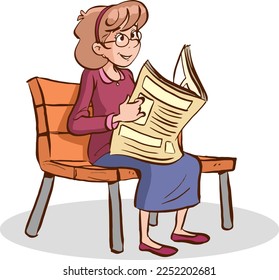 woman sitting on bench reading newspaper  cartoon vector 