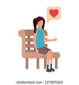 woman sitting on bench with speech bubble