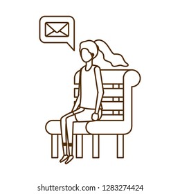 woman sitting on bench with speech bubble