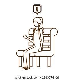 woman sitting on bench with speech bubble