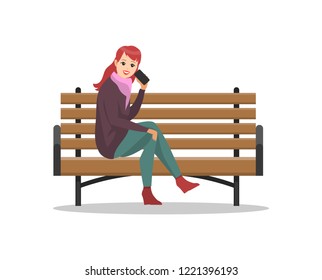 Woman sitting on bench and talking on phone vector. Wooden seat and lady with smartphone in hands communication with people online wireless chat call