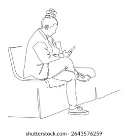 Mulher sentada no banco e falando ao telefone. Desenho de linha contínuo. Ilustração vetorial em preto-e-branco no estilo de arte em linha.