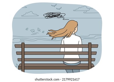 Woman sitting on bench thinking. Back view of female relax outdoors suffer from anxiety or depression overwhelmed with thoughts. Vector illustration. 