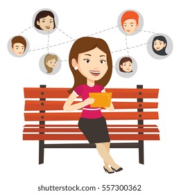 Woman sitting on bench and using tablet computer with network avatar icons above. Woman surfing in social network. Social network concept. Vector flat design illustration isolated on white background.