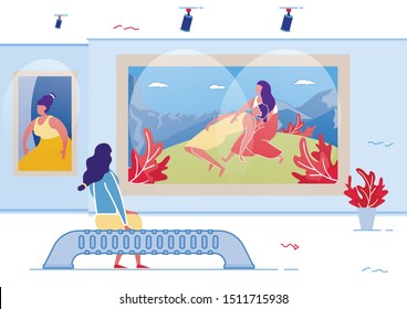 Woman Sitting On Bench And Watching Painting With Couple On Nature On Exhibition In Modern Art Gallery Hall Flat Cartoon Vector Illustration. Visitor Character Looking At Artwork Hanging On Walls.