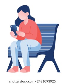 Woman sitting on a bench and watching her mobile phone. Airport lounge waiting zone concept. Modern travel, technology use, passing time while waiting. Vector illustration.