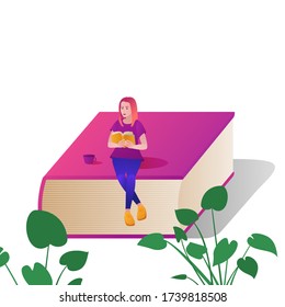 Woman sitting on big book and reading book. Concept flat vector illustration on white background.