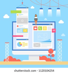 Woman sitting on big computer monitor typing in laptop, developing and designing websites, improving quality of internet page vector illustration