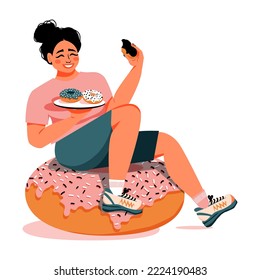 Woman sitting on the big donut and eating.  Girl enjoys sweet food. Perfect for for advertising donuts and cakes. Vector illustration