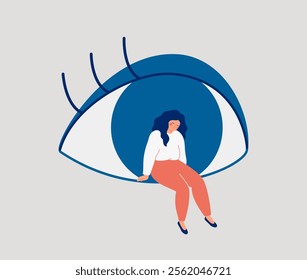 Woman sitting on big eye. Reflection and awareness to herself. discovery inner world and soul-searching. observation to your thoughts and feeling. Vector illustration