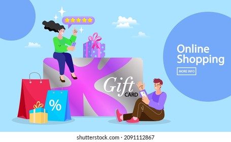 Woman sitting on big gift voucher card with group of shopping bags. Customers getting gift card. Vector illustration for sale, loyalty program, bonus, promotion concept.