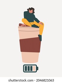 Woman is sitting on big glass of coffee. Battery charge icon as a symbol of energy drink.